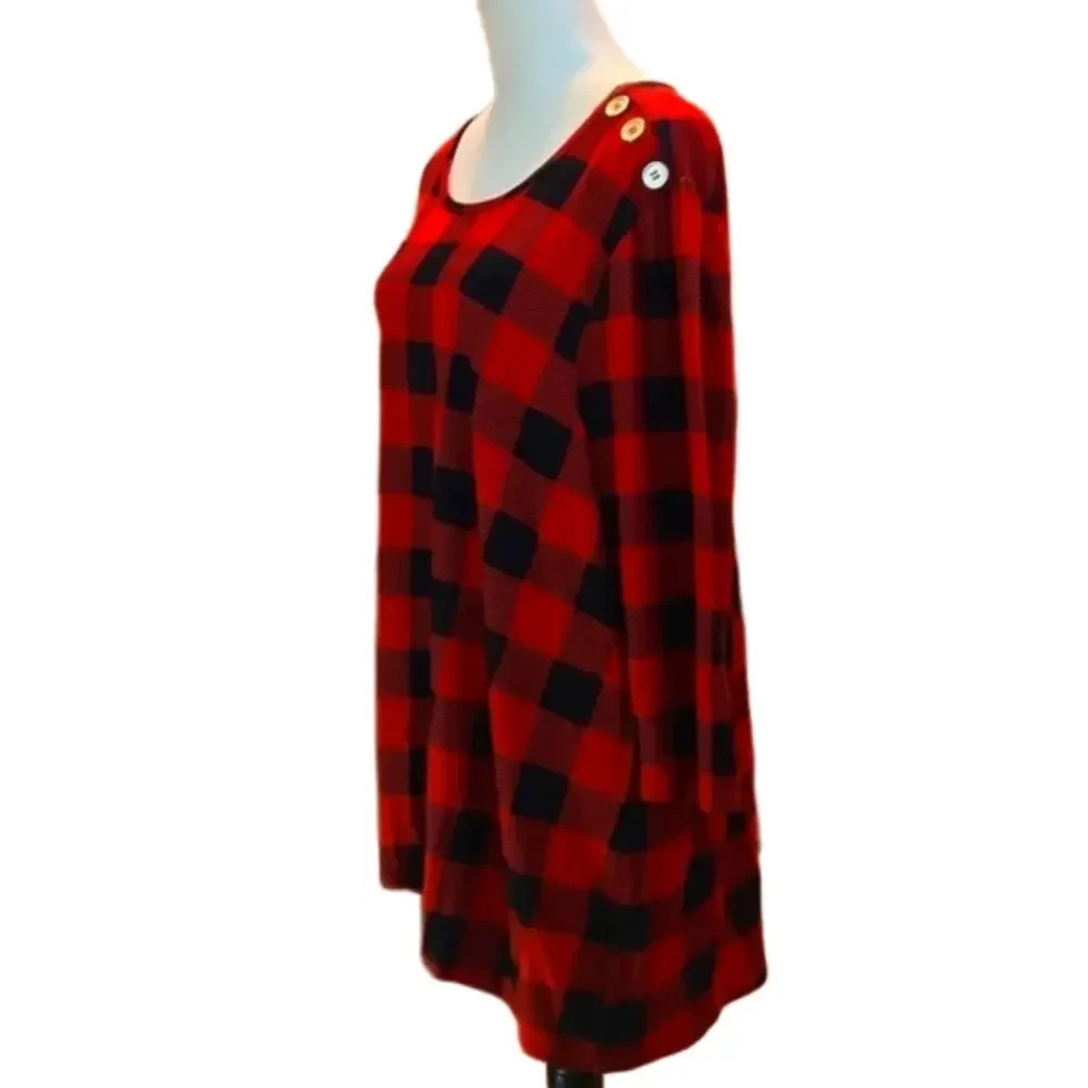 Kim Rogers 2X Red Black Buffalo Plaid Hi-Lo Pullover Top w/ Shoulder Buttons - Picture 5 of 12